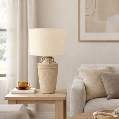 Kipo 28 Inch Table Lamp, Beige Textured Ceramic Base, Fabric Shade