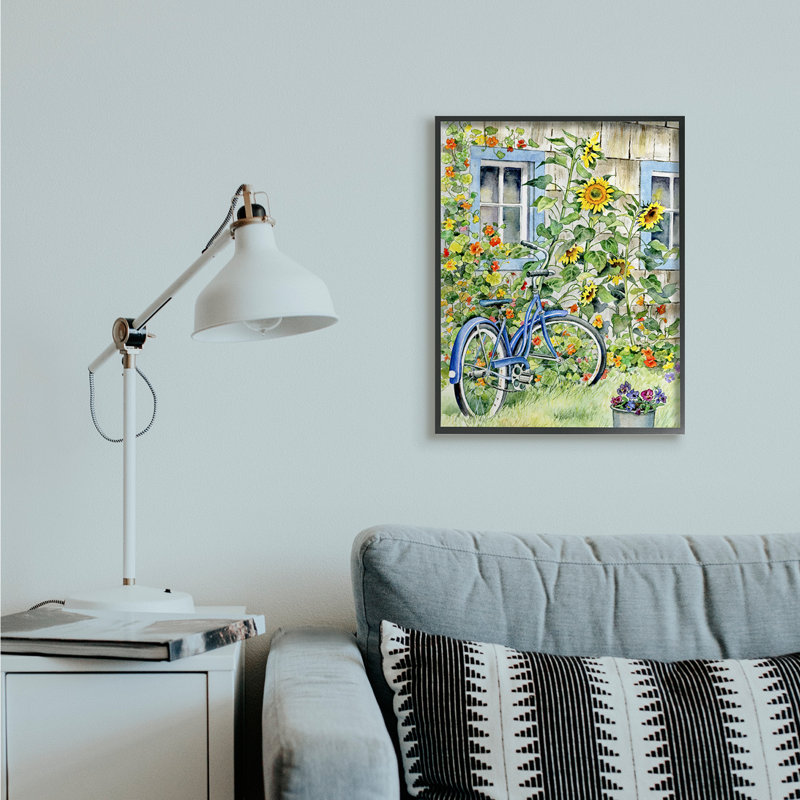 Vélo sur des tournesols traditionnels - Impression sur toile, H 30 po x l 24 po, Giclée encadrée noir minuit