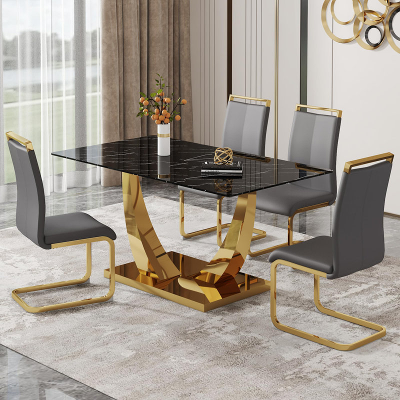 Table de salle à manger moderne pour 4 personnes, table de salle à manger à piédestal rectangulaire avec chaises, Noir, Gris