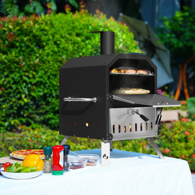 Steel Freestanding Wood-Fired Outdoor Pizza Oven with Two Cooking Areain Black