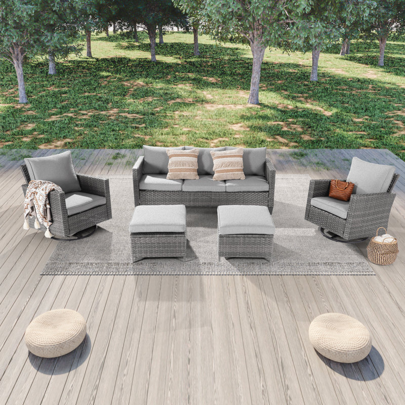  5 Piece Wicker Conversation Set with Cushions and Rocking Swivel Chairs, Linen Gray