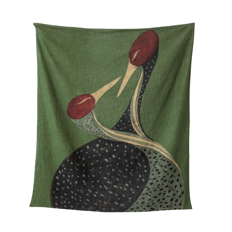 Cotton Slub Printed Throw Blanket With Cranes Pattern And Velvet Back