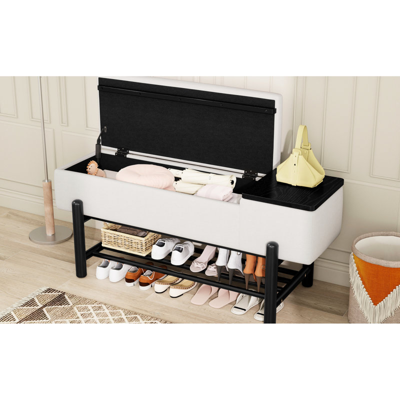 Entryway Bench With Hidden Compartment, Black, Beige Upholstered Fabric, Solid Rubber Wood Legs, Memory Foam Cushion, Shock - Absorbing Gas