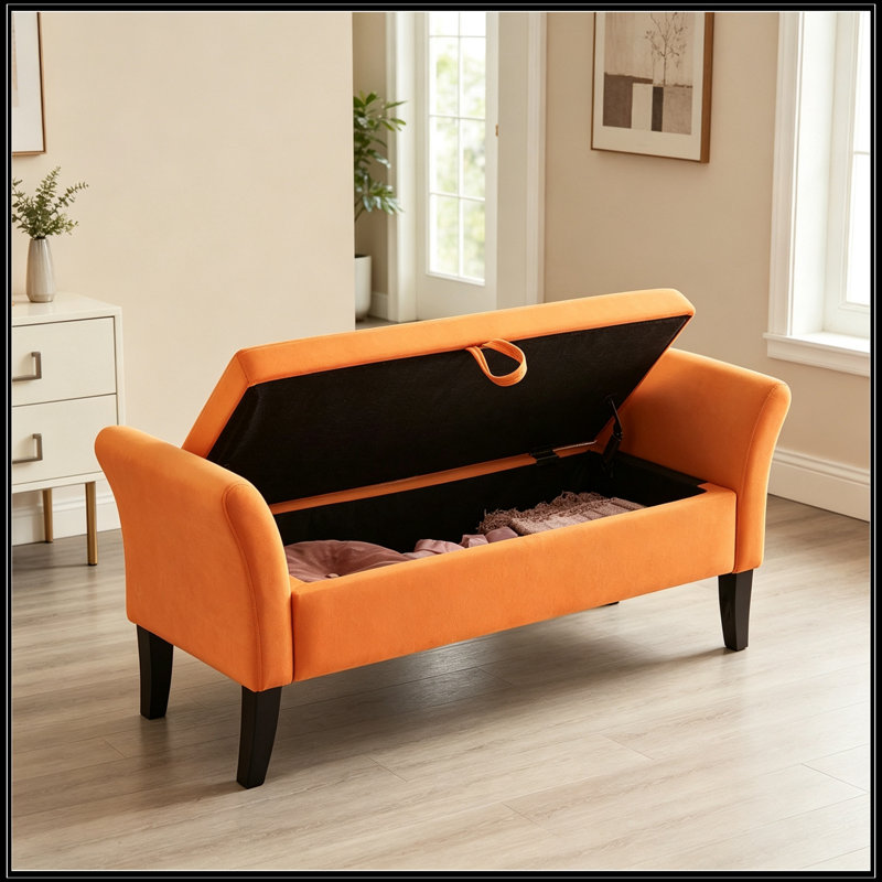 Banc en velours avec rangement et siège moelleux, Orange