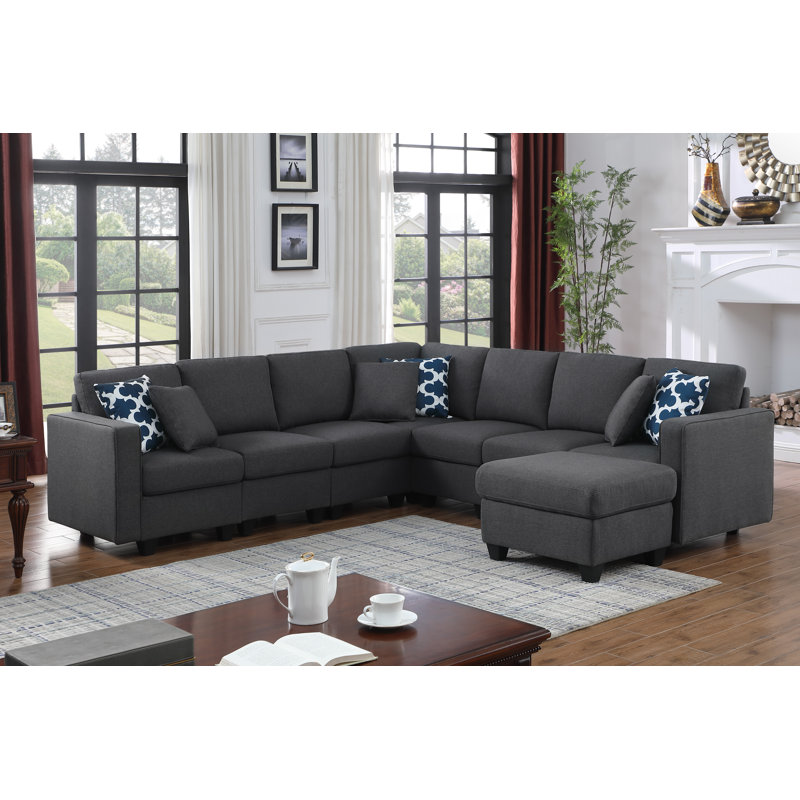 Frank Reversible Modular Sectional Sofa with Ottoman, Black Linen