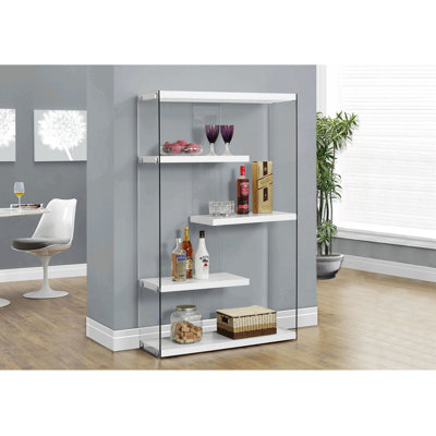Bookcase, Bookshelf,Etagere, 5 Tier, 60"H, Office, Bedroom, Glossy White Laminate, Clear Tempered Glass, Contemporary, Modern