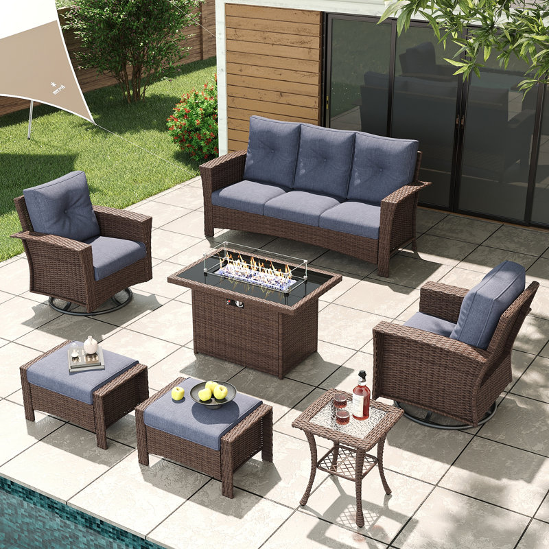 Lark Manor™ 7 Piece Wicker Patio Furniture Set with Fire Pit Table, Classis Outdoor Conversation 360 Degree Swivel Chairs Set with Coffee Table