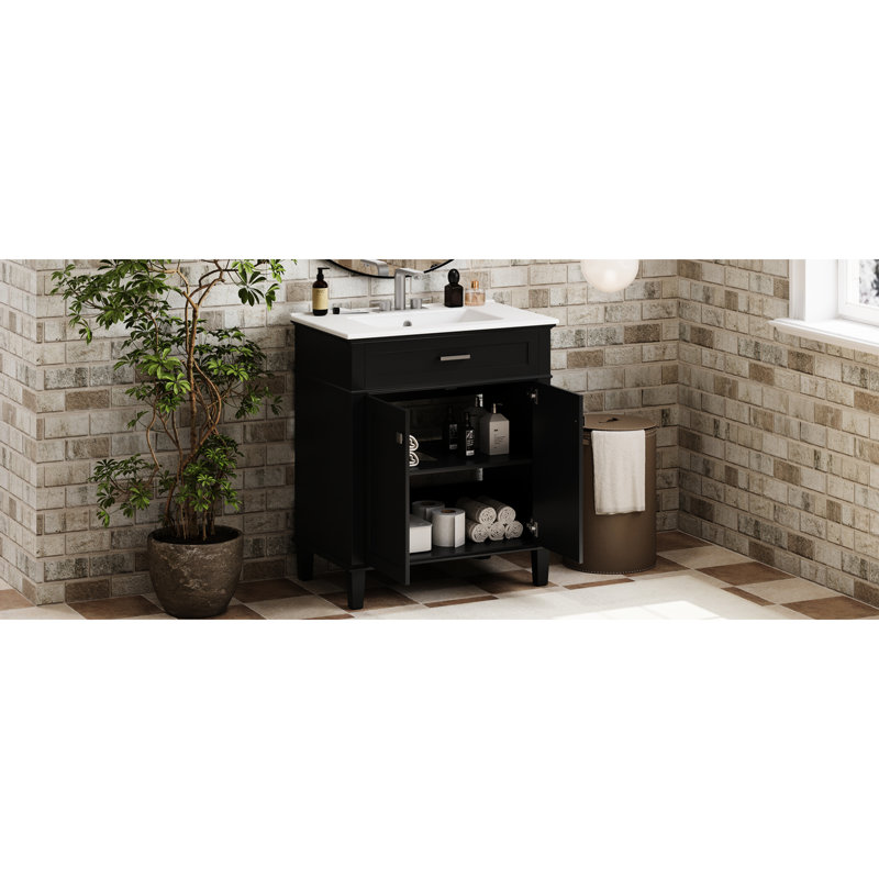 Meuble-lavabo de 30 pouces - noir, lavabo en céramique, look sophistiqué, tablettes réglables, portes à fermeture en douceur noires avec style tendance,