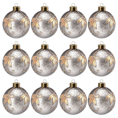 Ensemble de 12 boules de Noël suspendues en verre de luxe à finition argentée mouchetée de 3 pouces avec garniture de strass en feuille de vigne en relief doré