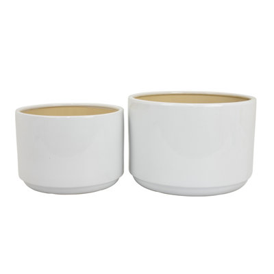Accent Planter Set Of 2, Wide Base, Modern Minimalist White Ceramic