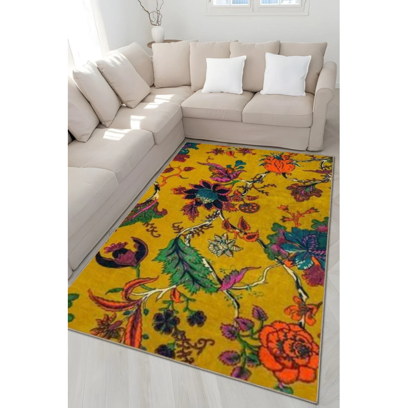Tapis décoratif à motif floral jaune, Rectangle 2 pi 4 po x 4 pi