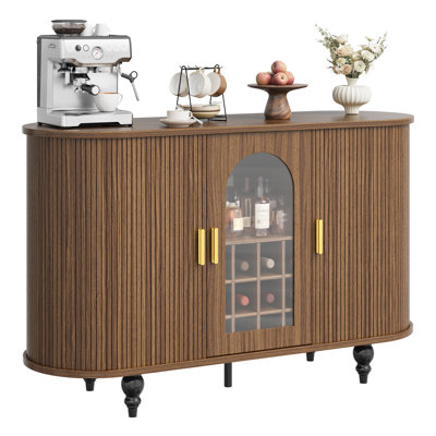 Curved Fluted Sideboard Buffet Cabinet, Navy Blue Accent Credenza with Arched Glass Door & Copper Handles, Modern Storage Cabinet for Living Room Entryway