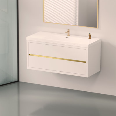 Meuble-lavabo mural 48 po avec lavabo, meuble de rangement flottant pour salle de bain avec comptoir en résine de pierre et tiroirs