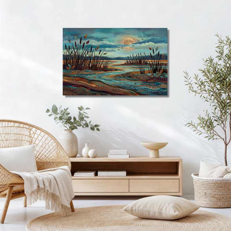 Tableau sur toile « Marais au clair de lune turquoise avec quenouilles et eau à motifs », H 20 po x l 30 po