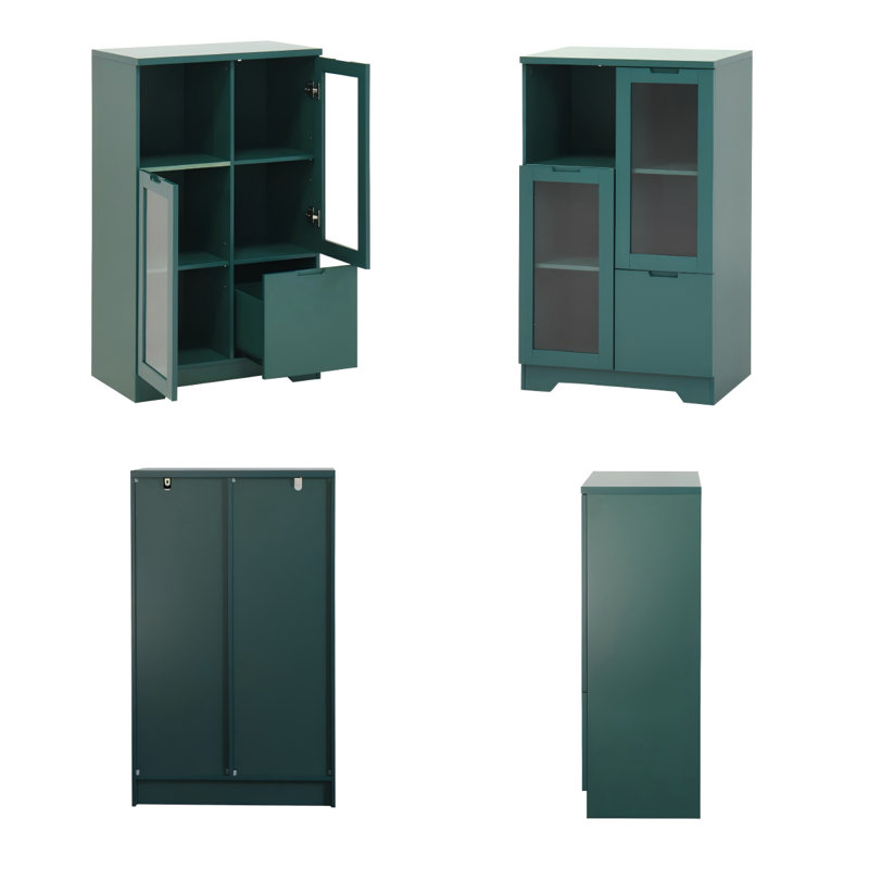Modern Green MDF Storage Cabinet with Glass Doors and Drawer - Multipurpose Display Cabinet for Bedroom, Living Room, Office - 25.6" L x 11.8" W x 39.4" H