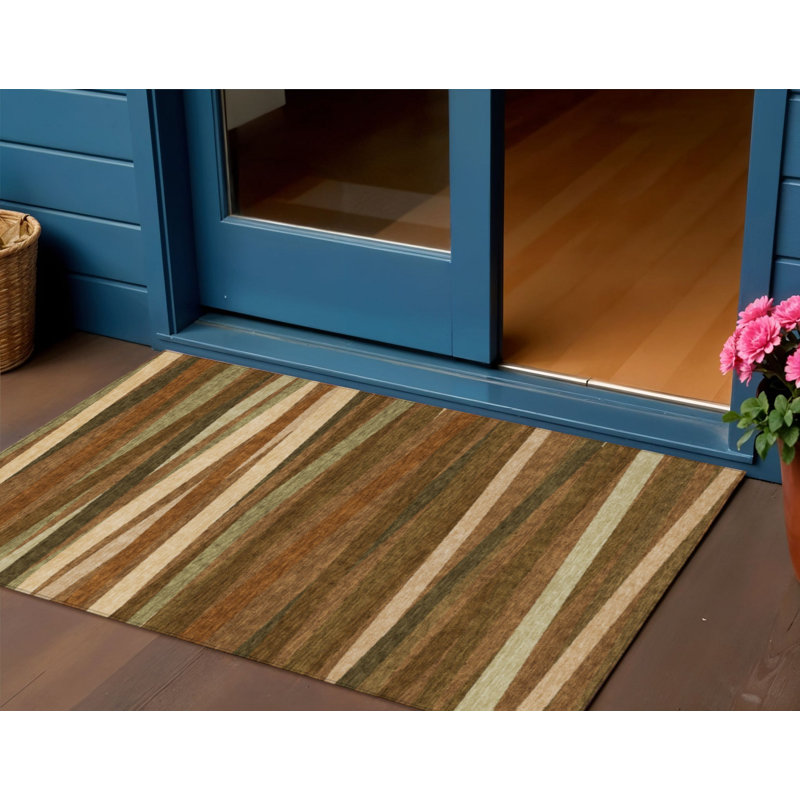 3' X 5' Brown Copper And Beige Striped Washable Indoor Outdoor Area Rug