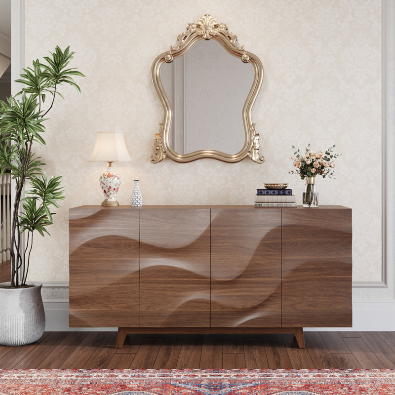 Buffet 63 "à motif de vagues moderne avec 4 portes, tablettes réglables et finition grain de bois noyer