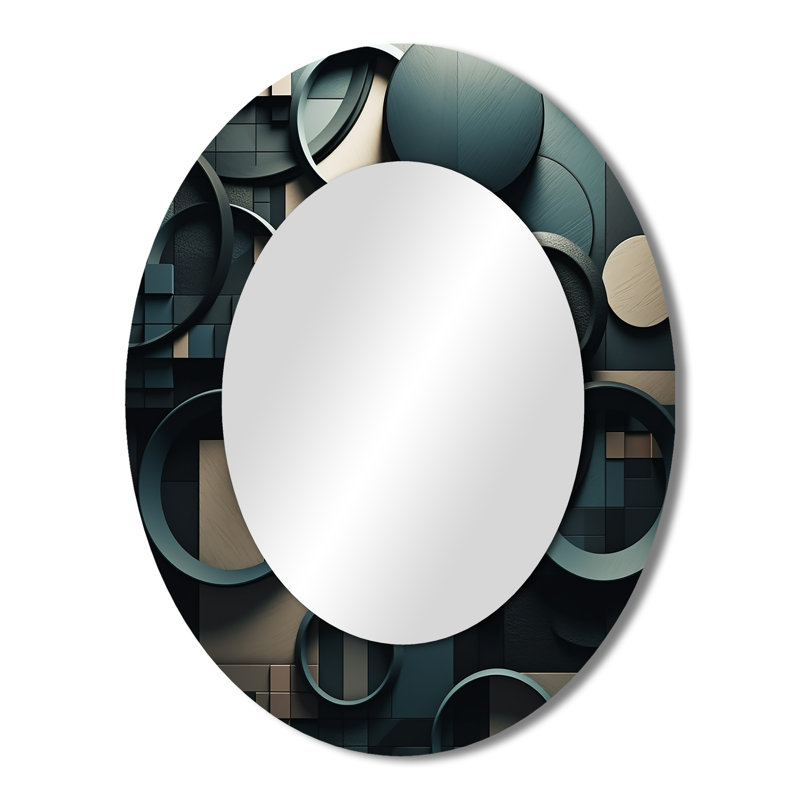 Teal Fragmented Forms - Abstract Oval Decorative Mirror On Metal, 43" x 33"