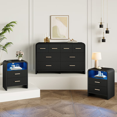 Janean 3-piece Bedroom Set - 8 Drawer Fluted Double Dresser And Two 2-drawer Fluted Nightstands, Curved Profile Design，black