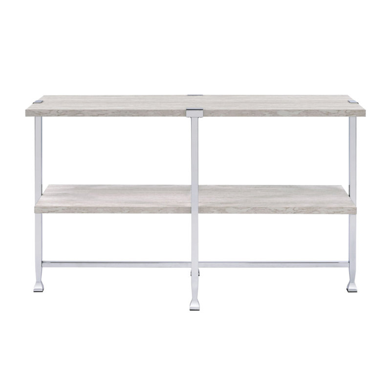Table de canapé demi-lune avec support de traverse, chêne blanc et chrome