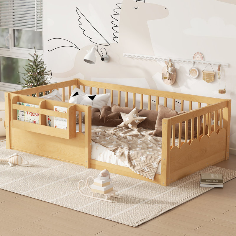 Taquile Kids Wood Floor Bed with Fence & Built-In Bookshelf, Natural, Twin