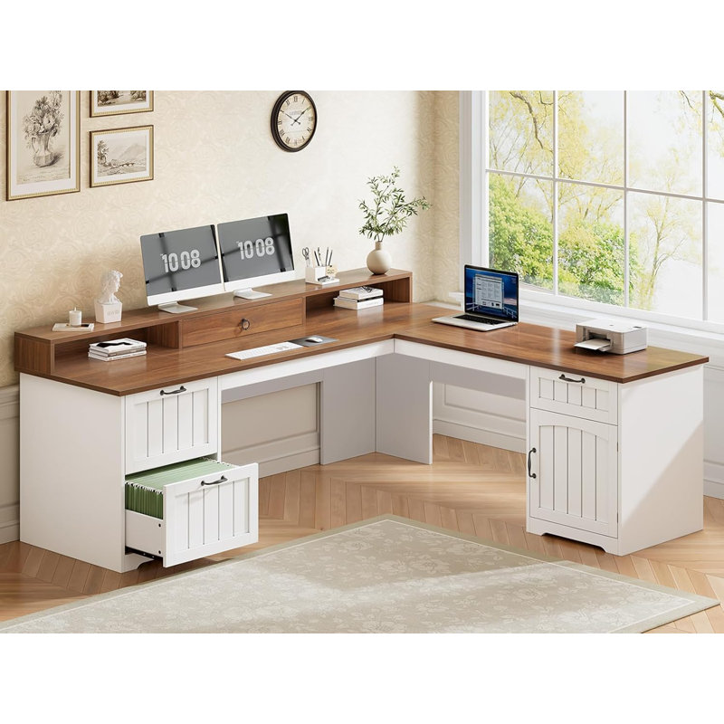 63" L Shaped Desk With Drawers, Farmhouse Corner Computer Desk, Brown/White