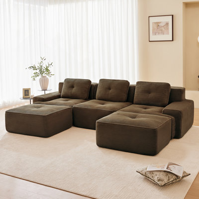 117 Inch Modern U-Shaped Modular Sectional Sofa, Corduroy Fabric, Deep Seating, Movable Ottoman, Tufted Design, No Assembly, Anti-Slip Base, Brown