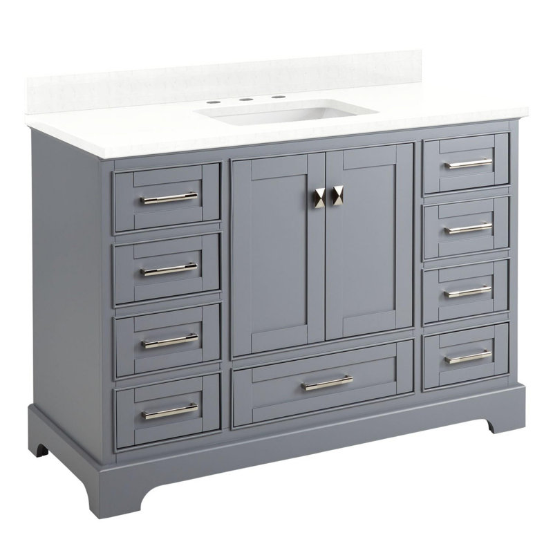 Quen 48" Freestanding Single Basin Vanity Set with Cabinet, Vanity Top, Gray, 8" Widespread, Feathered White Quartz