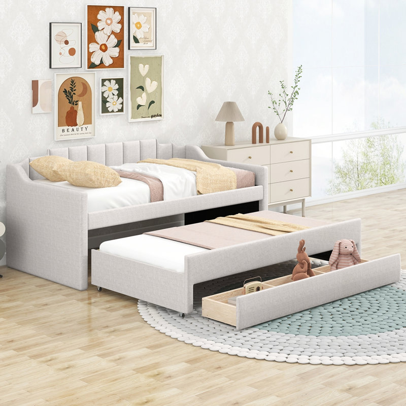 Upholstered Daybed with Trundle and Three Drawers, Beige