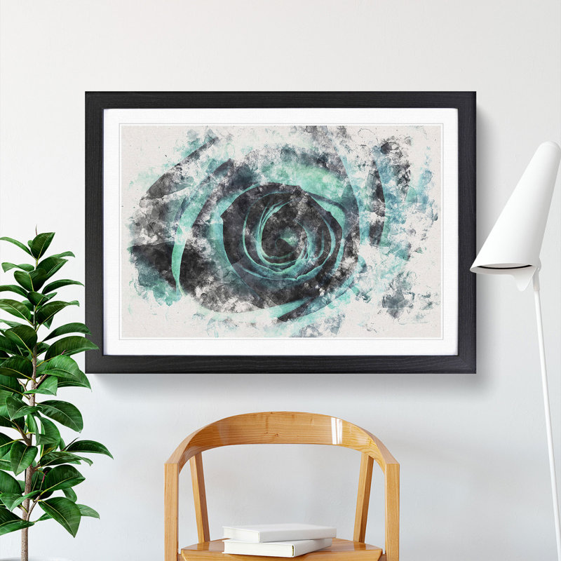 A Teal Rose Watercolour - Picture Frame Graphic Art Print, 45cm H x 63cm W x 2cm D, Black Framed