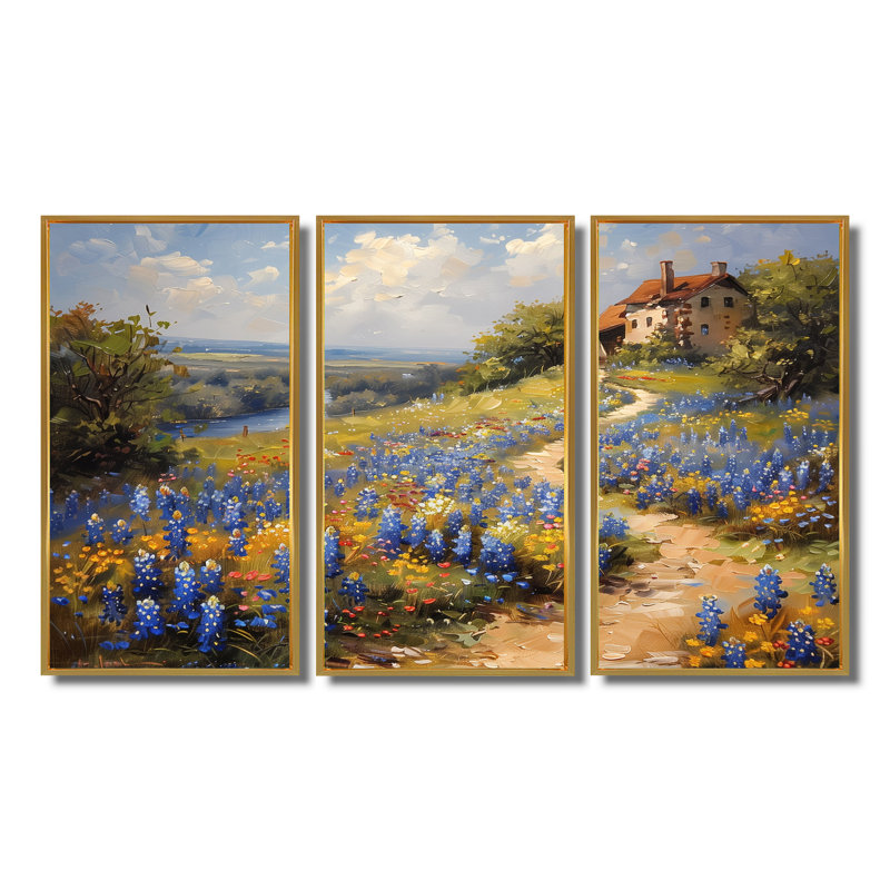 Ensemble de salon art mural bleu et vert Meadow Charm Blue Bonnets VII, Cadre flottant doré, H 28 po x l 36 po