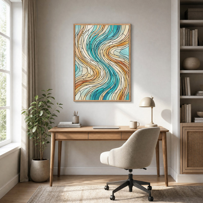 Tableau sur toile « Vagues en vitrail turquoise et beige », H 48 po x l 36 po
