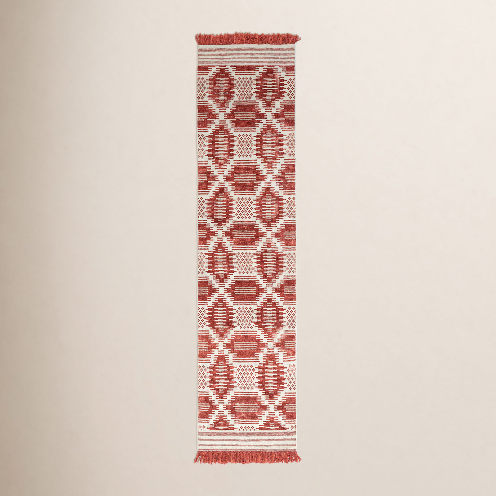 Caden Red White Hand-Knotted Geometric Rug, Runner 2' x 8'
