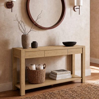 55.1'' Console Table with 1 Drawers and Storage Shelf, Entryway Sofa Table in Natural Wood Finish