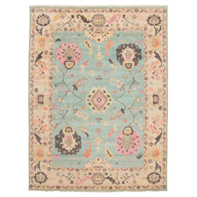 Tapis turquoise en laine noué à la main Oushak 8 pi 8 po x 11 pi 10 po