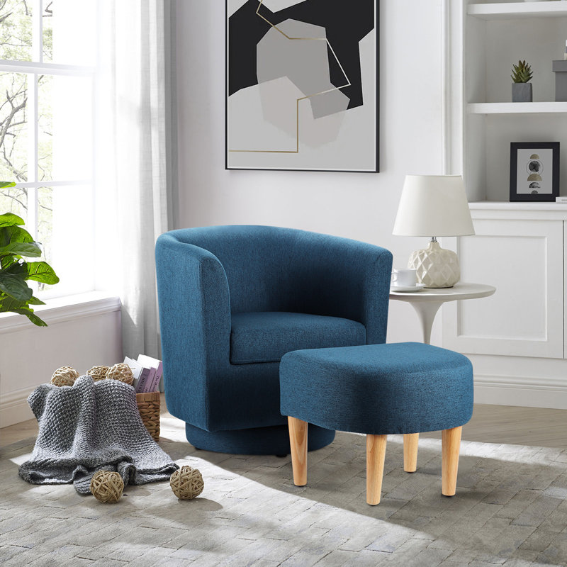  Sharolynn Upholstered Linen 27.6" Wide Swivel Barrel Chair with Ottoman, Blue Linen