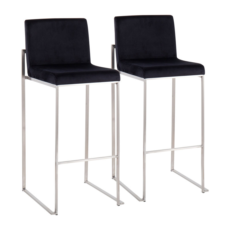 Tabouret de bar contemporain à haut dossier en acier inoxydable et velours noir - ensemble de 2