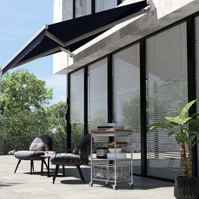 Auvent de patio rétractable 10 'x 8' - Abri de soleil avec et eau - Tissu, manivelle manuelle, cadre en aluminium pour terrasse, balcon, abat-jour bleu et manivelle