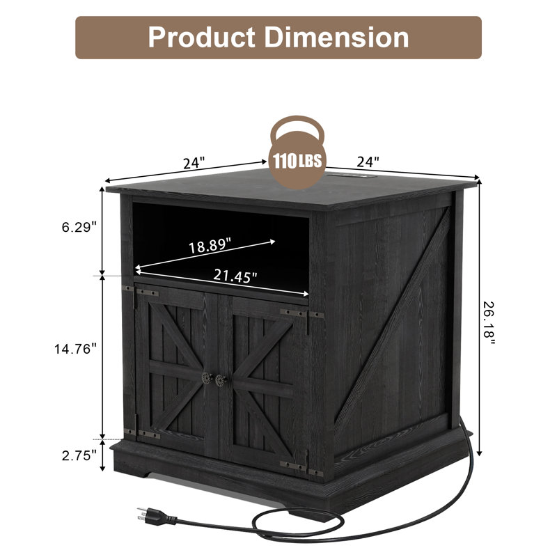 Table de bout avec station de charge, table de chevet de ferme 24 po avec porte de grange, Noir, noir, noir, noir