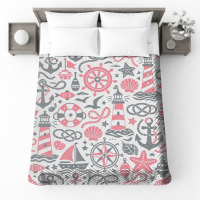 Nautical Themed Illustrations Quilted Bedspread All Sizes