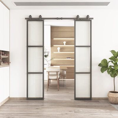Metal and Tempered Glass Double Sliding Barn Door with Installation Hardware Kit, 2 Sets of Door