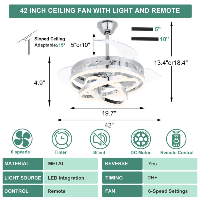 42" Modern Retractable Ceiling Fan With Dimmable LED Light, DIY Shape 6 Speeds Chandelier Ceiling Fan With Remote Control For Bedroom