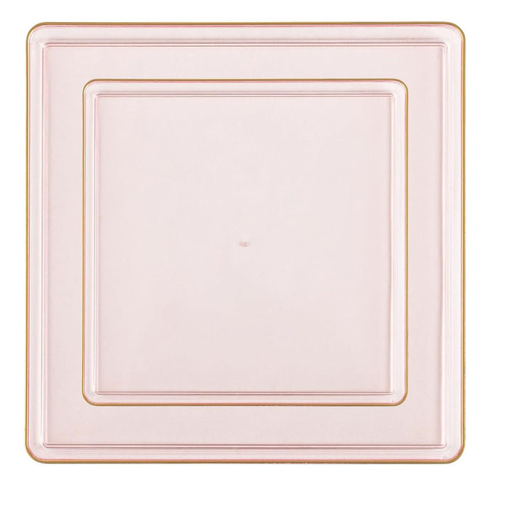 Transparent Pink  with Gold Rim Square 10.75 Inches Plastic Dinner Plates, Transparent Pink