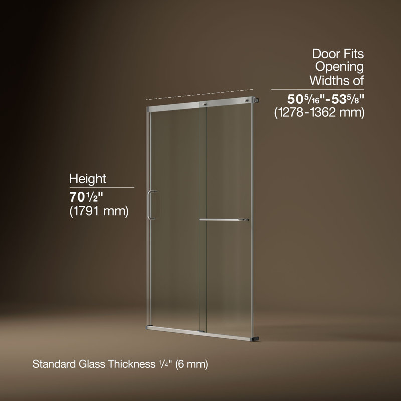 Elate Sliding Shower Door, 70-1/2-In H X 50-1/4 - 53-5/8-In W, With 1/4-In Thick Crystal Clear Glass, Nickel/Clear