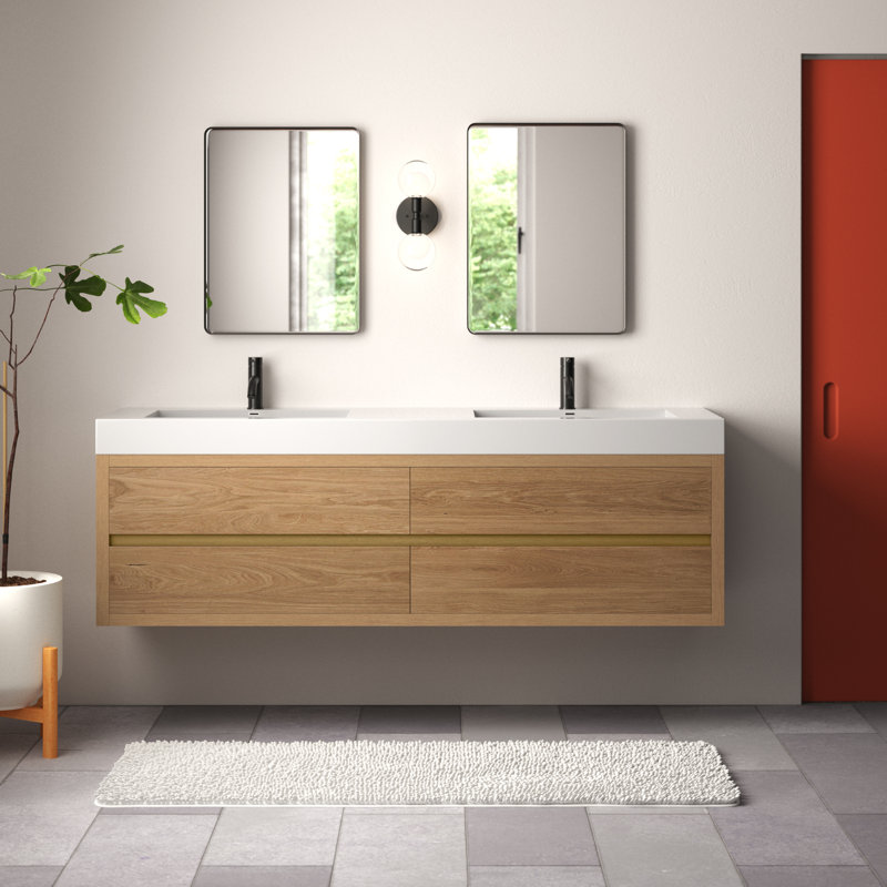 Ensemble de meuble-lavabo double mural 72 po Vali, Finition chêne nord-américain / plateau blanc 