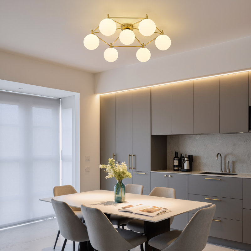 7-light Sputnik Semi Flush Mount, Polished Brass