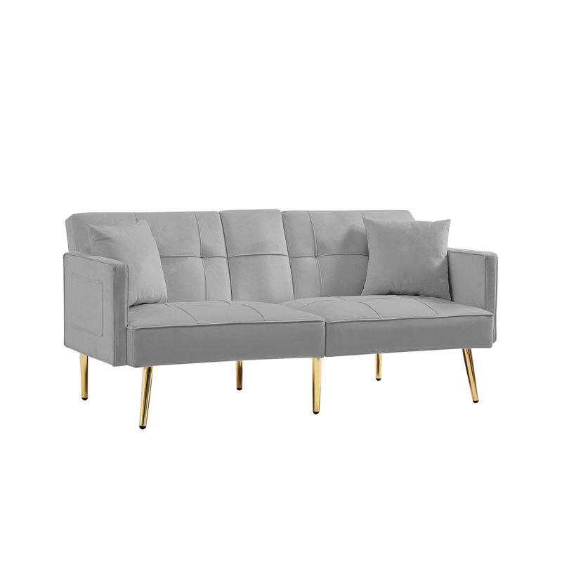 Grey Velvet Bed With Gold Metal Legs - 3 Adjustable Options, Velvety Softness, Wood Construction, Square , 2 Seat Bed, Side Pockets And Cup Holders For Added Relaxation Functionality Futon Legs,