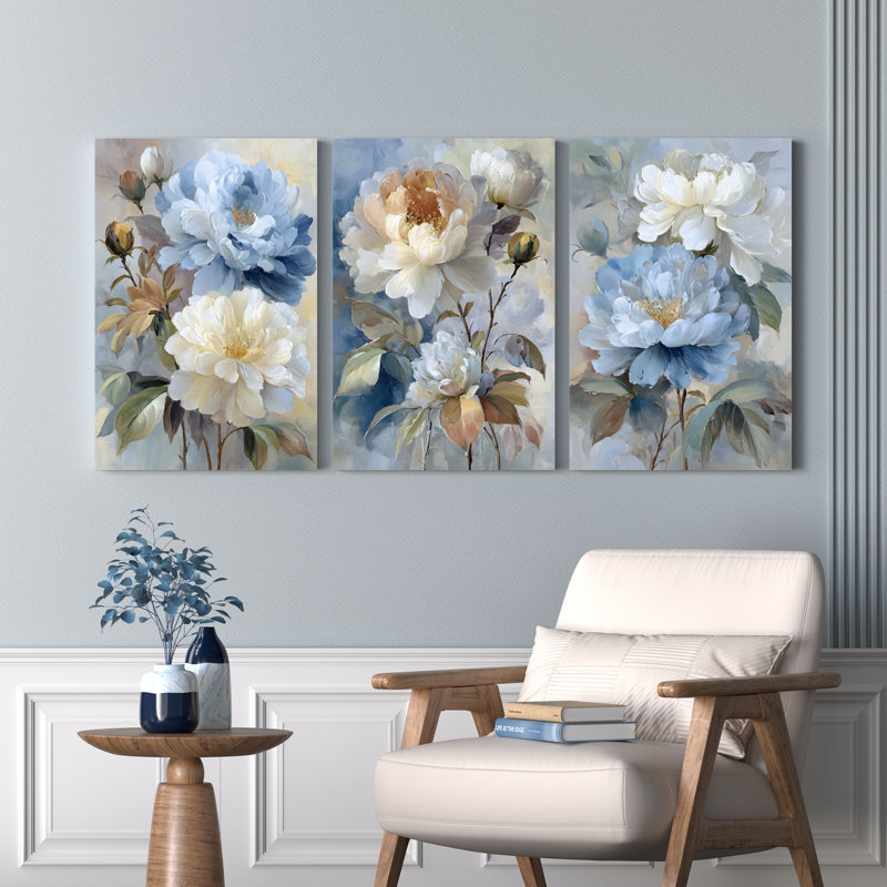 «Blue and Cream Peony», reproduction d'art sur toile tendue sur toile (ensemble de 3), H 24 po x l 48 po