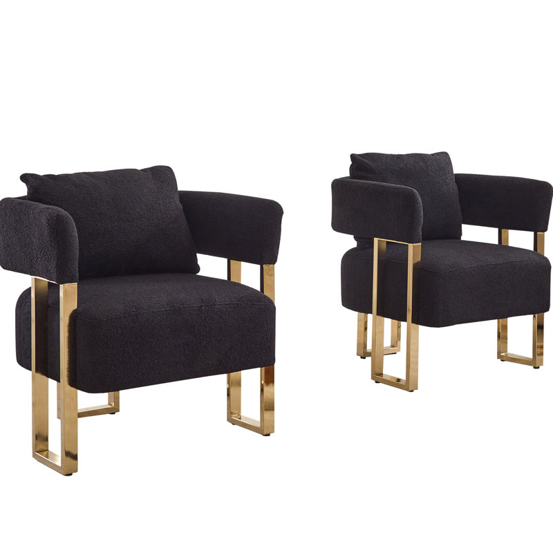 Chair With Gold Metal Legs - Black Fleece Upholstered For Living Room, Dressing Area, Office, Reception Room 2Pcs Modern Side Legs, Suitable Office