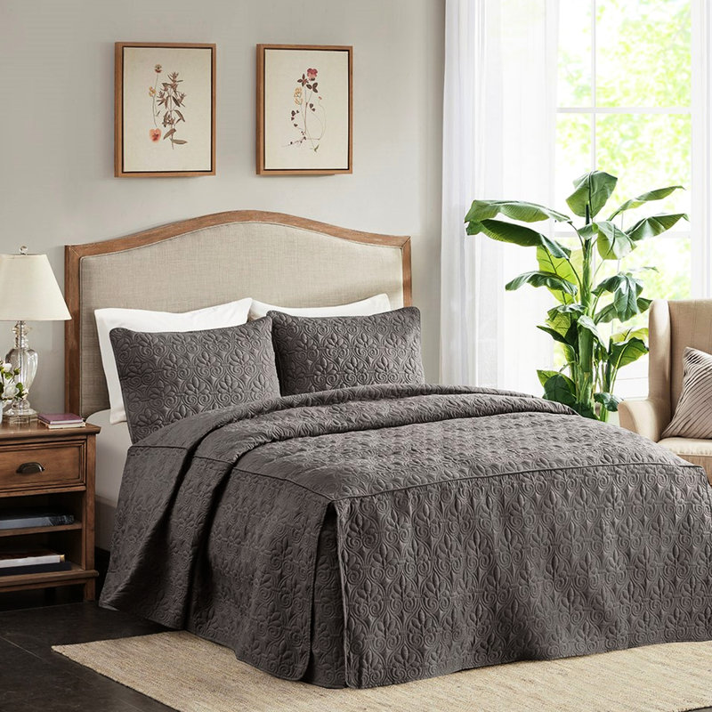 Couvre-lit plissé 3 pièces en coin gris foncé très grand - microfibre, rembourrage 100%, touche classique pour chambre à coucher